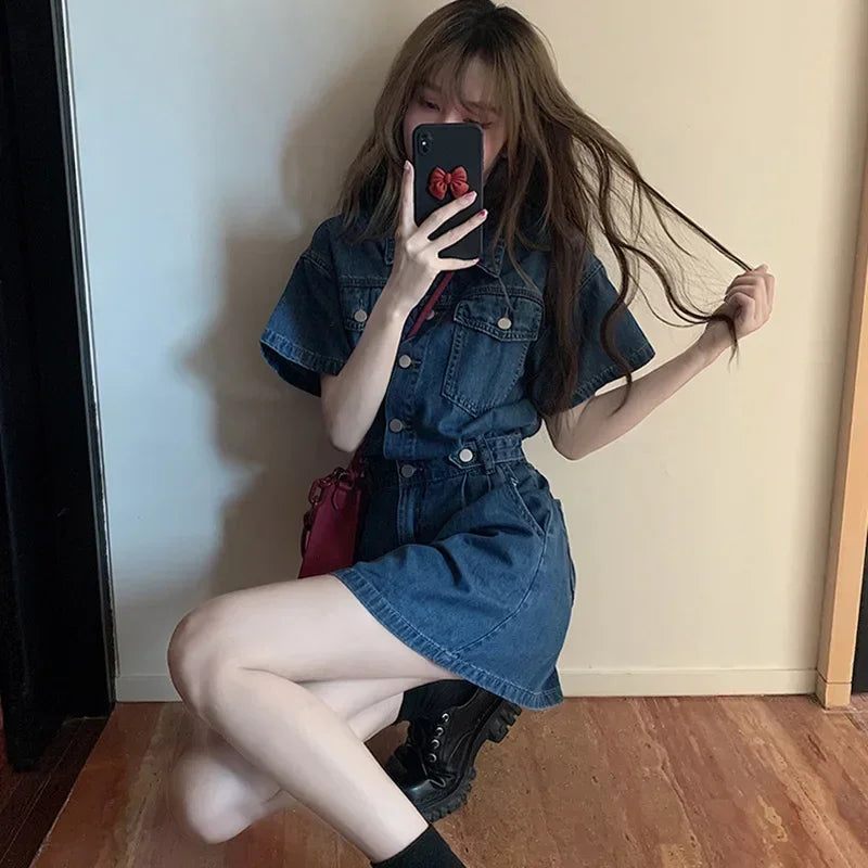 New Sweet Women Denim Short Dress for Woman Turn-down Collar Single Breasted Short Sleeve Pockets A Line Denim Jean Korean Dress