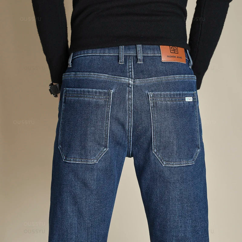 High Quality Winter Men's Fleece Warm Jeans Cotton Straight Denim Pants Classics Business Flocking Work Casual Trousers Male