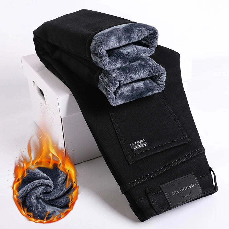 High Quality Winter Fleece Warm Thermal Jeans Men's Denim Pants Fashion Thicken Plush Casual Straight Blue Black Trousers Male