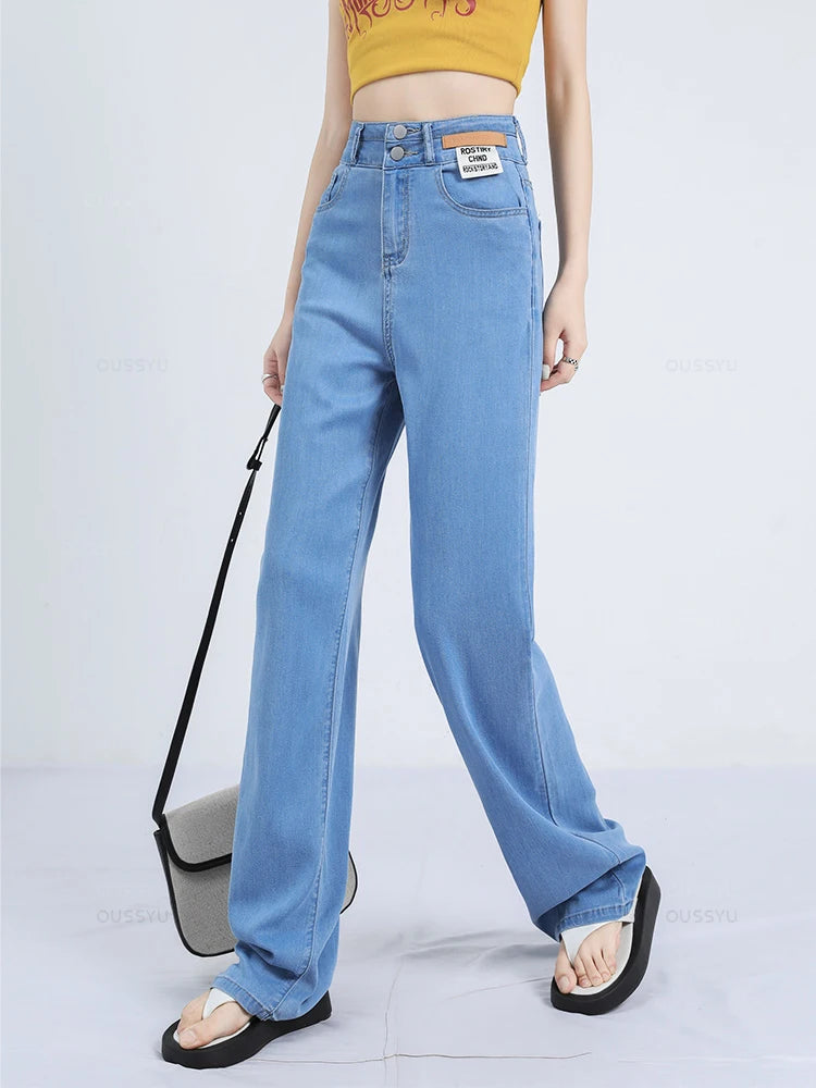 Summer Soft Natural Lyocell Fabric Women's Jeans Thin Baggy Wide Leg Denim Pants High Waisted Casual Trousers Female Size 25-32