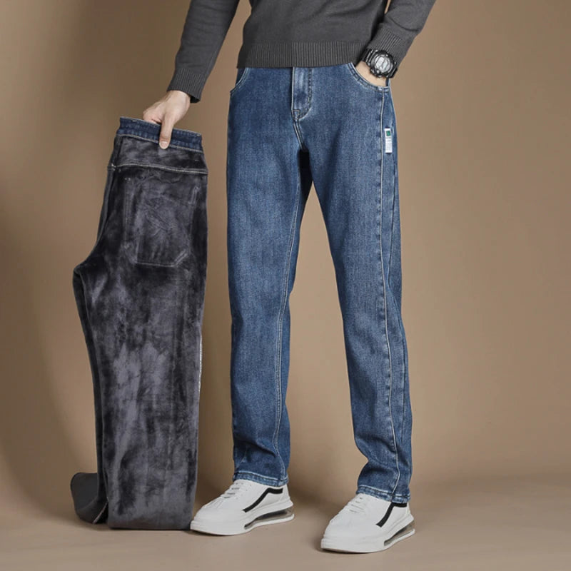 High Quality Winter Men's Fleece Warm Jeans Cotton Straight Denim Pants Classics Business Flocking Work Casual Trousers Male
