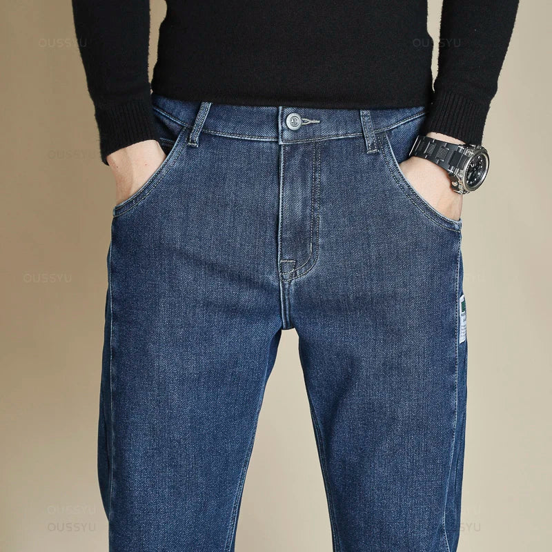 High Quality Winter Men's Fleece Warm Jeans Cotton Straight Denim Pants Classics Business Flocking Work Casual Trousers Male