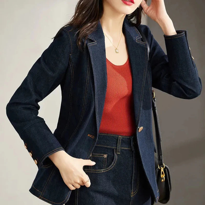 Spring Autumn Denim Blazer New 2024 Women's Long Sleeved One Button Short Jeans Jacket Ladies Slim Cowboy Coats Outerwear Female