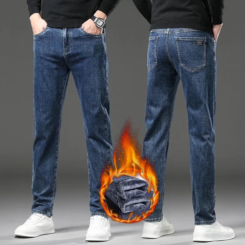 High Quality Winter Fleece Warm Thermal Jeans Men's Denim Pants Fashion Thicken Plush Casual Straight Blue Black Trousers Male