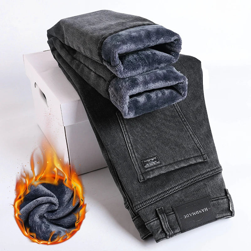 High Quality Winter Fleece Warm Thermal Jeans Men's Denim Pants Fashion Thicken Plush Casual Straight Blue Black Trousers Male