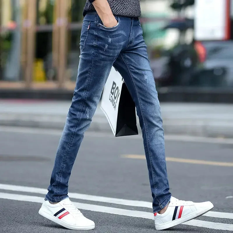 Jeans for Men Stretch Trousers Slim Fit Male Cowboy Pants Tight Pipe Skinny Elastic Low Rise Trend 2025 Casual Y2k Streetwear Xs