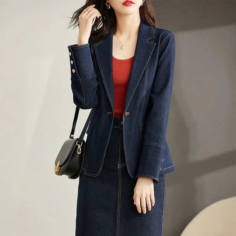 Spring Autumn Denim Blazer New 2024 Women's Long Sleeved One Button Short Jeans Jacket Ladies Slim Cowboy Coats Outerwear Female
