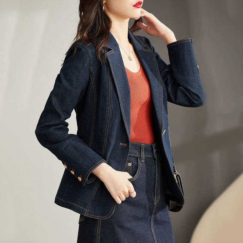 Spring Autumn Denim Blazer New 2024 Women's Long Sleeved One Button Short Jeans Jacket Ladies Slim Cowboy Coats Outerwear Female