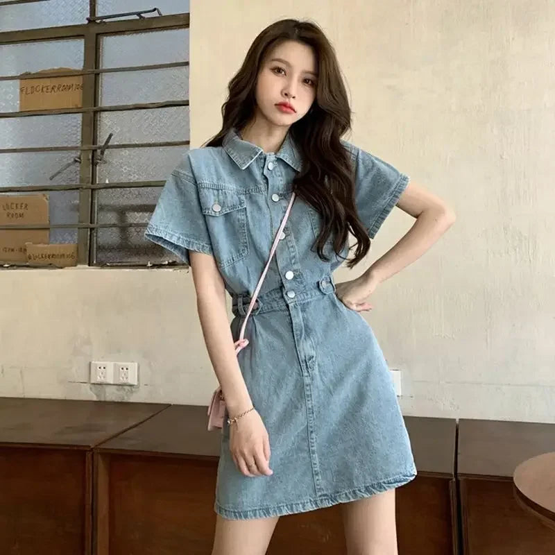 New Sweet Women Denim Short Dress for Woman Turn-down Collar Single Breasted Short Sleeve Pockets A Line Denim Jean Korean Dress