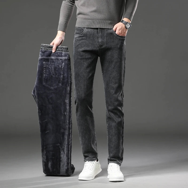 High Quality Winter Fleece Warm Thermal Jeans Men's Denim Pants Fashion Thicken Plush Casual Straight Blue Black Trousers Male