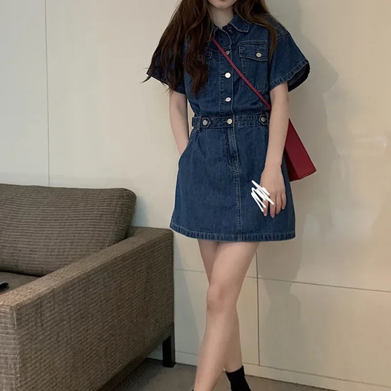 New Sweet Women Denim Short Dress for Woman Turn-down Collar Single Breasted Short Sleeve Pockets A Line Denim Jean Korean Dress