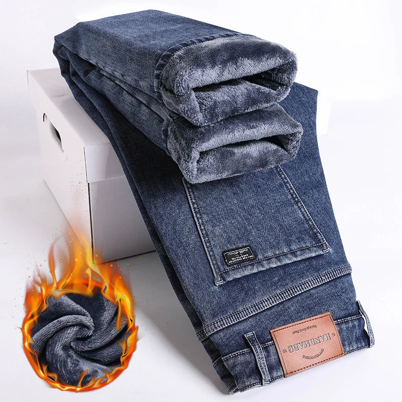 High Quality Winter Fleece Warm Thermal Jeans Men's Denim Pants Fashion Thicken Plush Casual Straight Blue Black Trousers Male