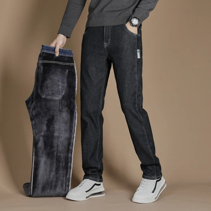High Quality Winter Men's Fleece Warm Jeans Cotton Straight Denim Pants Classics Business Flocking Work Casual Trousers Male