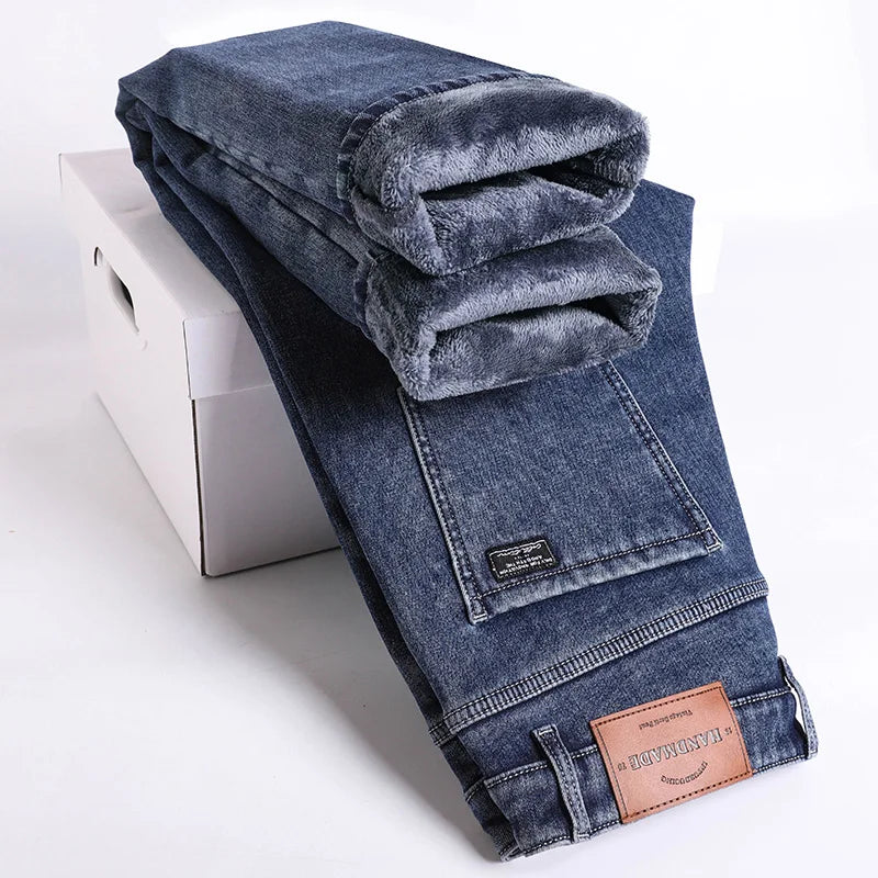 High Quality Winter Fleece Warm Thermal Jeans Men's Denim Pants Fashion Thicken Plush Casual Straight Blue Black Trousers Male