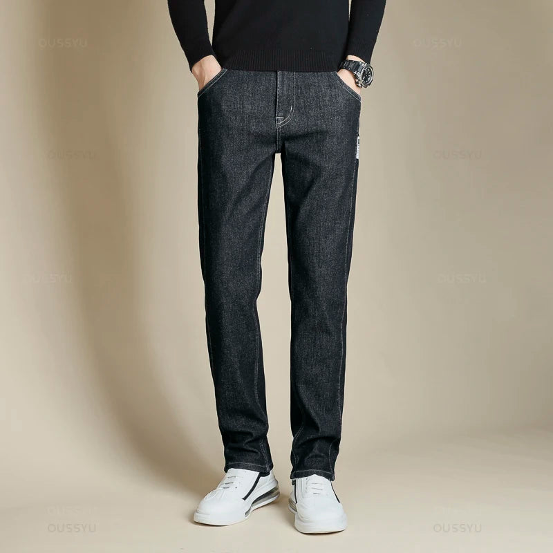 High Quality Winter Men's Fleece Warm Jeans Cotton Straight Denim Pants Classics Business Flocking Work Casual Trousers Male