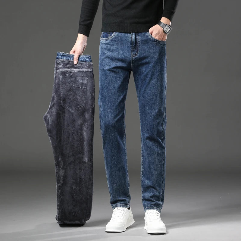 High Quality Winter Fleece Warm Thermal Jeans Men's Denim Pants Fashion Thicken Plush Casual Straight Blue Black Trousers Male