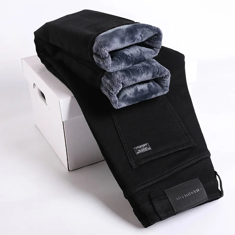 High Quality Winter Fleece Warm Thermal Jeans Men's Denim Pants Fashion Thicken Plush Casual Straight Blue Black Trousers Male