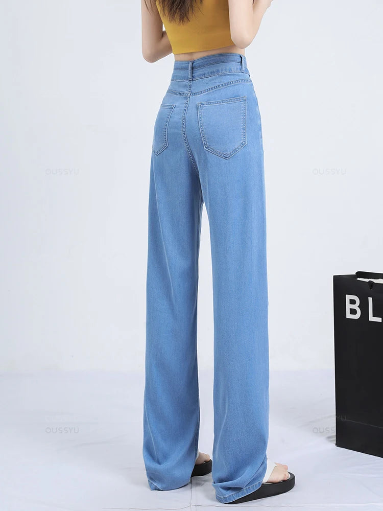 Summer Soft Natural Lyocell Fabric Women's Jeans Thin Baggy Wide Leg Denim Pants High Waisted Casual Trousers Female Size 25-32