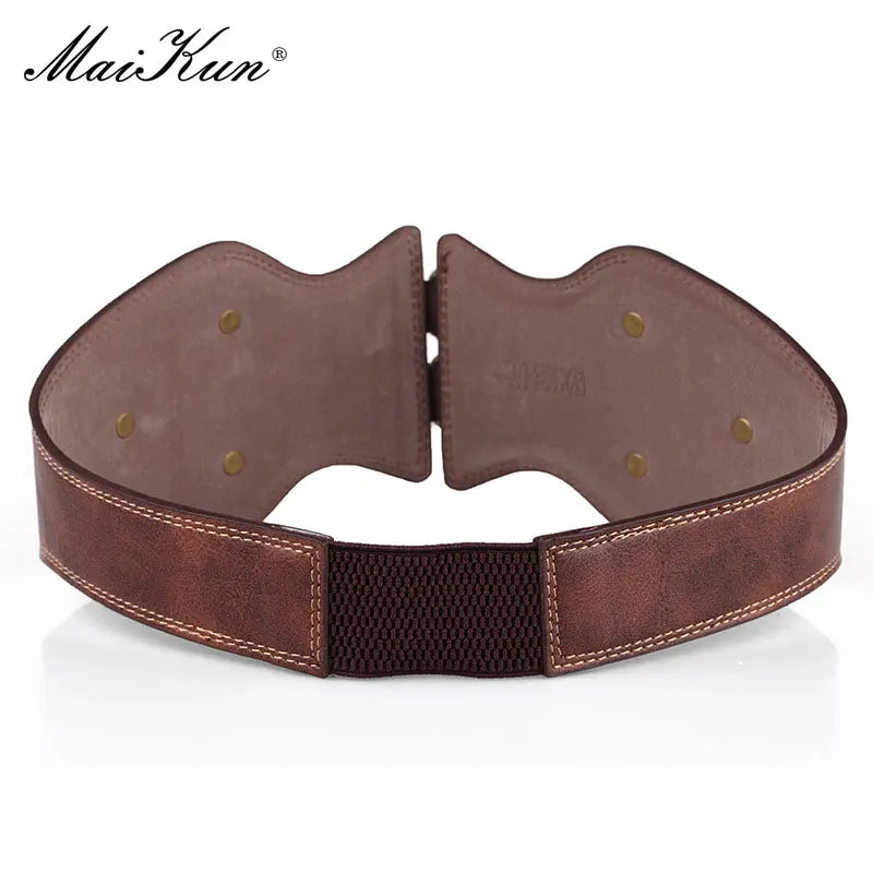Maikun Belt Crazy Horse Leather Double Pin Buckle Women's Elastic Wide Belt All-match Women's Coat Girdle