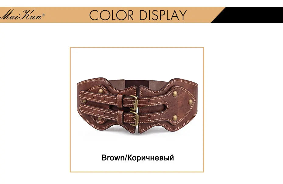 Maikun Belt Crazy Horse Leather Double Pin Buckle Women's Elastic Wide Belt All-match Women's Coat Girdle