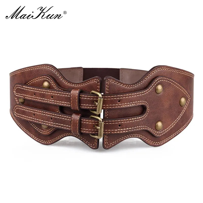 Maikun Belt Crazy Horse Leather Double Pin Buckle Women's Elastic Wide Belt All-match Women's Coat Girdle