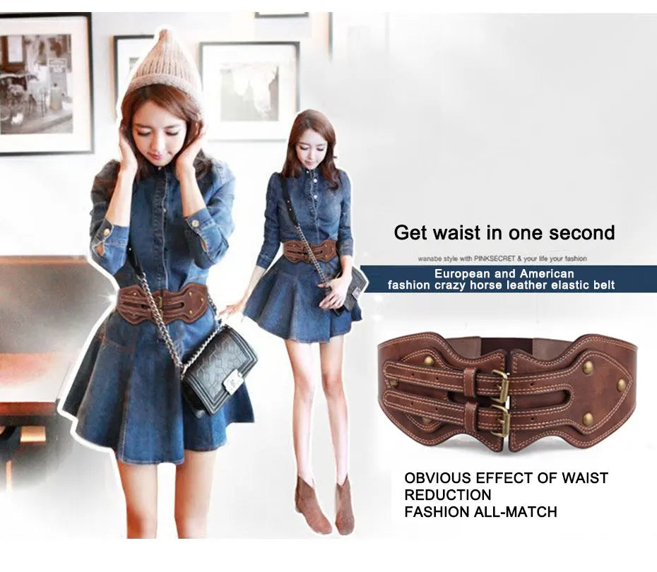 Maikun Belt Crazy Horse Leather Double Pin Buckle Women's Elastic Wide Belt All-match Women's Coat Girdle
