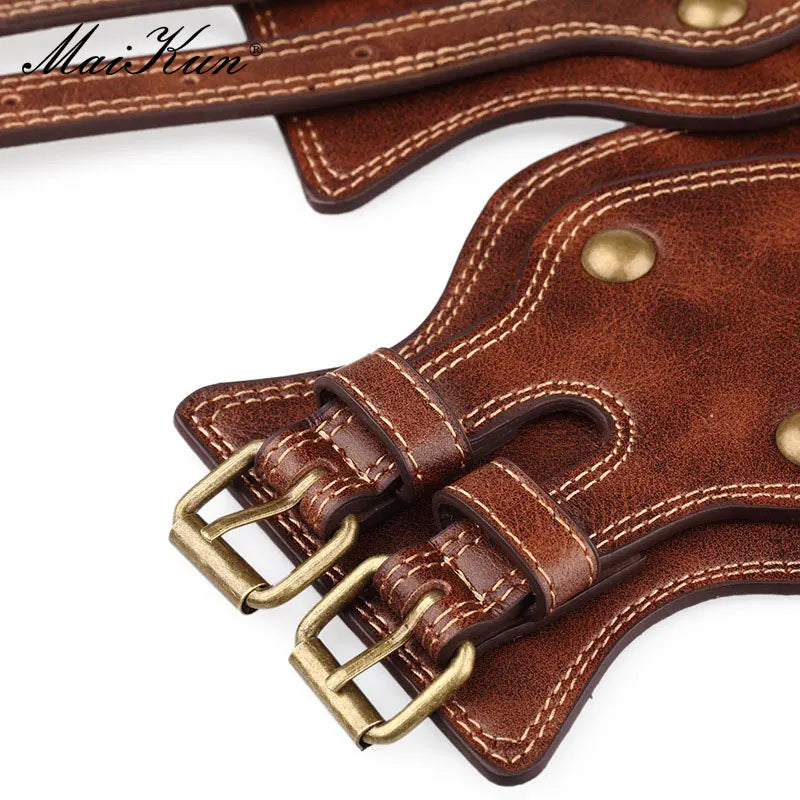 Maikun Belt Crazy Horse Leather Double Pin Buckle Women's Elastic Wide Belt All-match Women's Coat Girdle