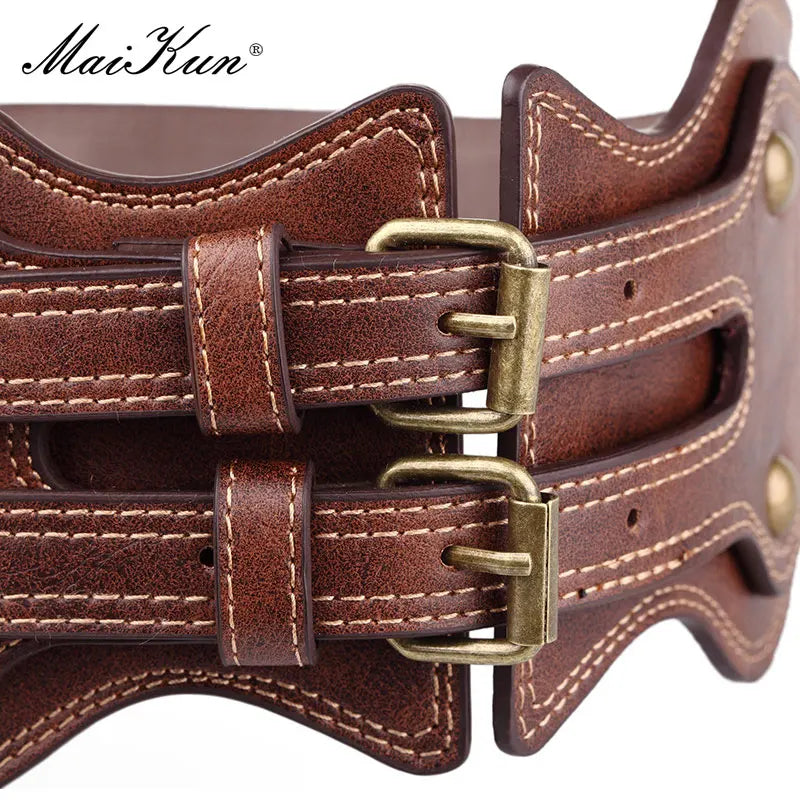 Maikun Belt Crazy Horse Leather Double Pin Buckle Women's Elastic Wide Belt All-match Women's Coat Girdle