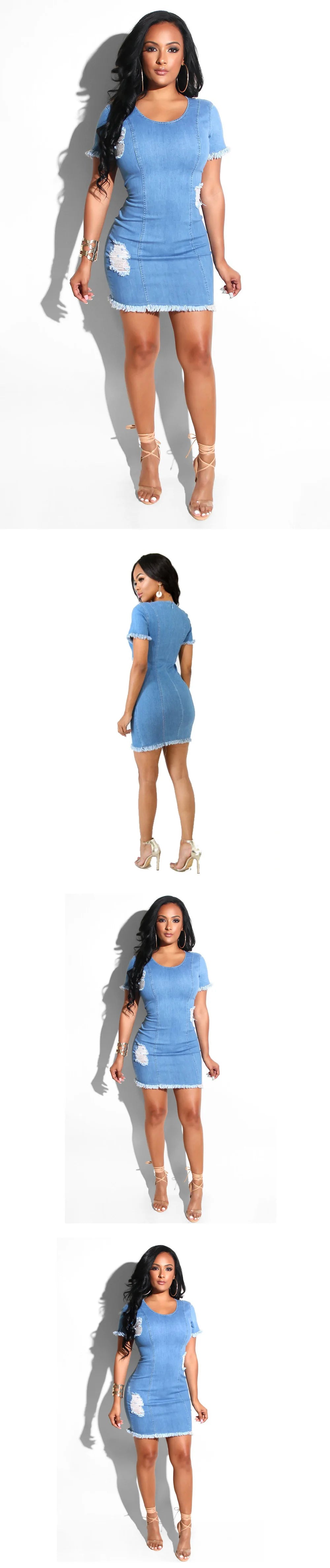 2021 Summer New Women's Short Sleeve Zipper Denim Dress Fashion Ripped Tassel Side Elastic Sexy Mini Jeans Dress S-XL Drop ship