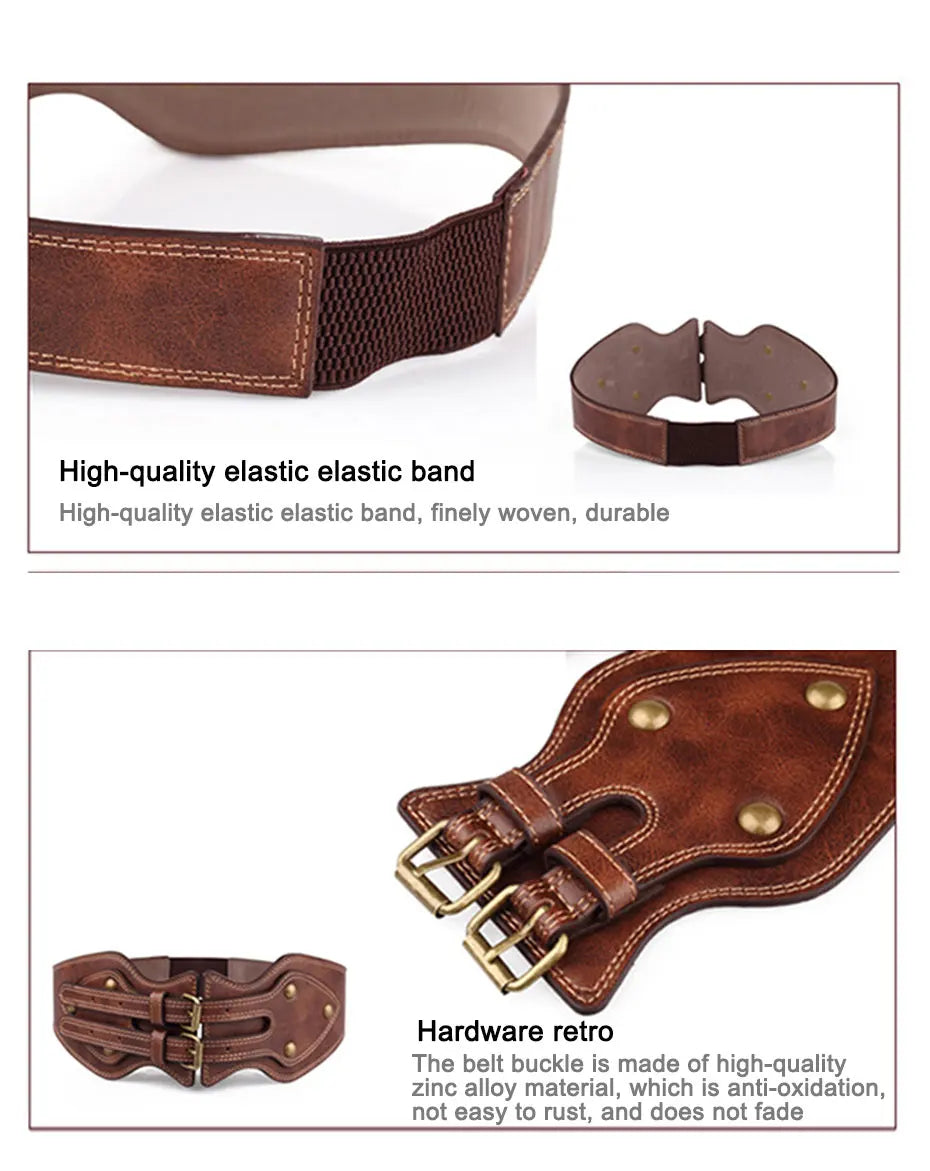 Maikun Belt Crazy Horse Leather Double Pin Buckle Women's Elastic Wide Belt All-match Women's Coat Girdle