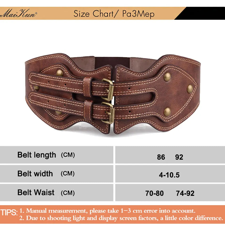 Maikun Belt Crazy Horse Leather Double Pin Buckle Women's Elastic Wide Belt All-match Women's Coat Girdle
