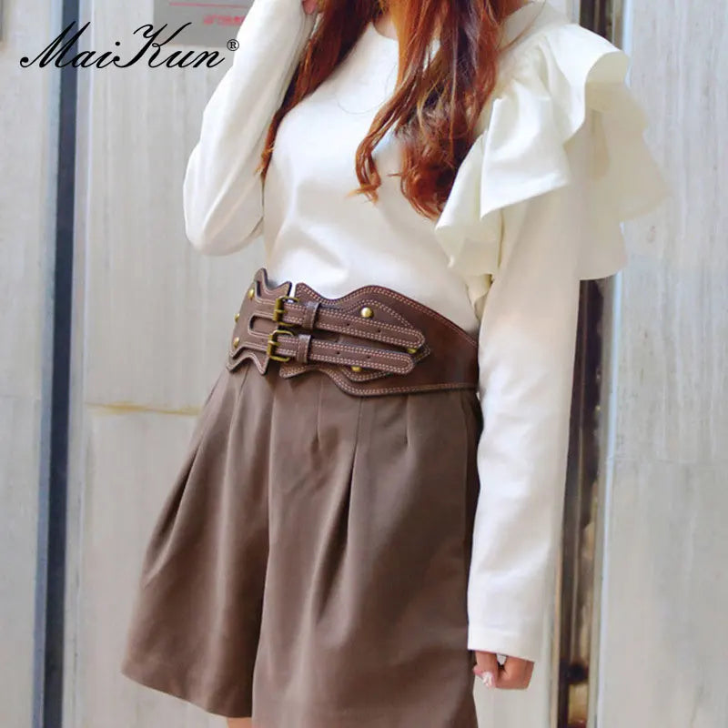 Maikun Belt Crazy Horse Leather Double Pin Buckle Women's Elastic Wide Belt All-match Women's Coat Girdle