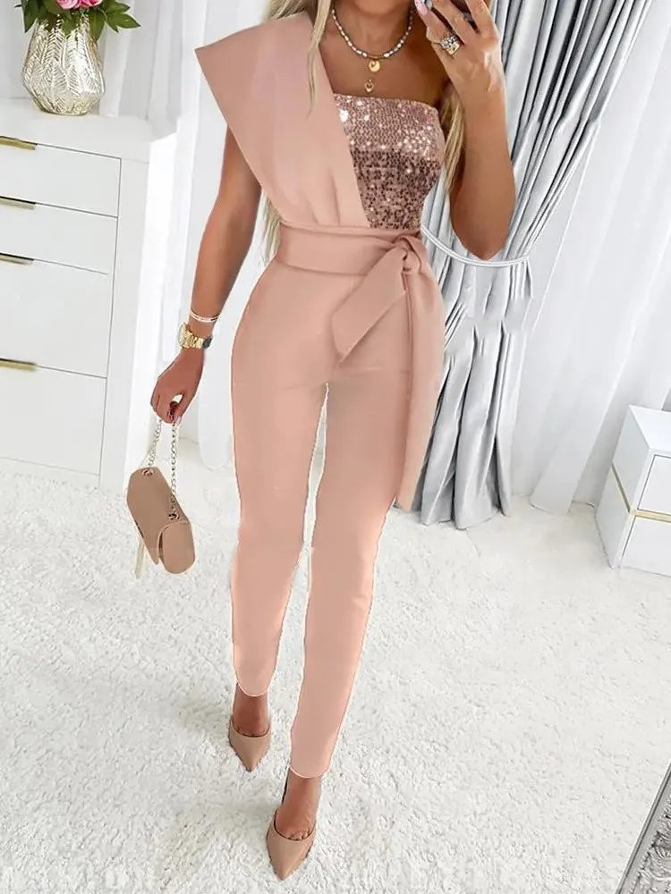 Elegant Women Sequins Patchwork Bodycon Jumpsuit