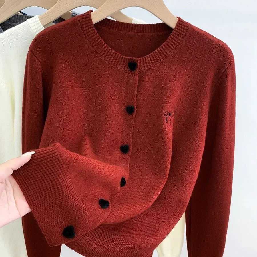 Omen's Clothing Vintage Love Button Knit Cardigan Autumn/Winter Fashion All-match Bowknot Embroidery Sweaters Lady Elegant Tops