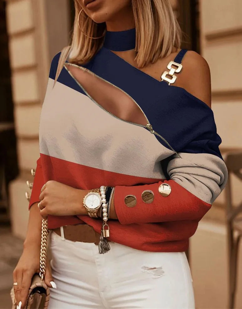 New Spring Summer Women's Fashion Printed Shirt With Zipper Metal Buckle Sexy Off Shoulder Casual Loose Long Sleeve Shirt
