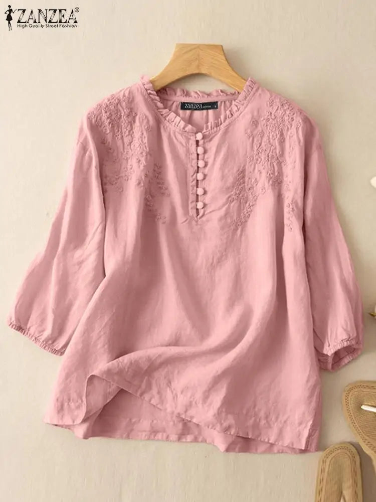 Summer Vintage Shirts Elegant OL Work Blouse Women 3/4 O Neck Sleeve Tops Embroidery Blusas Femme Causal Cotton Chemsie