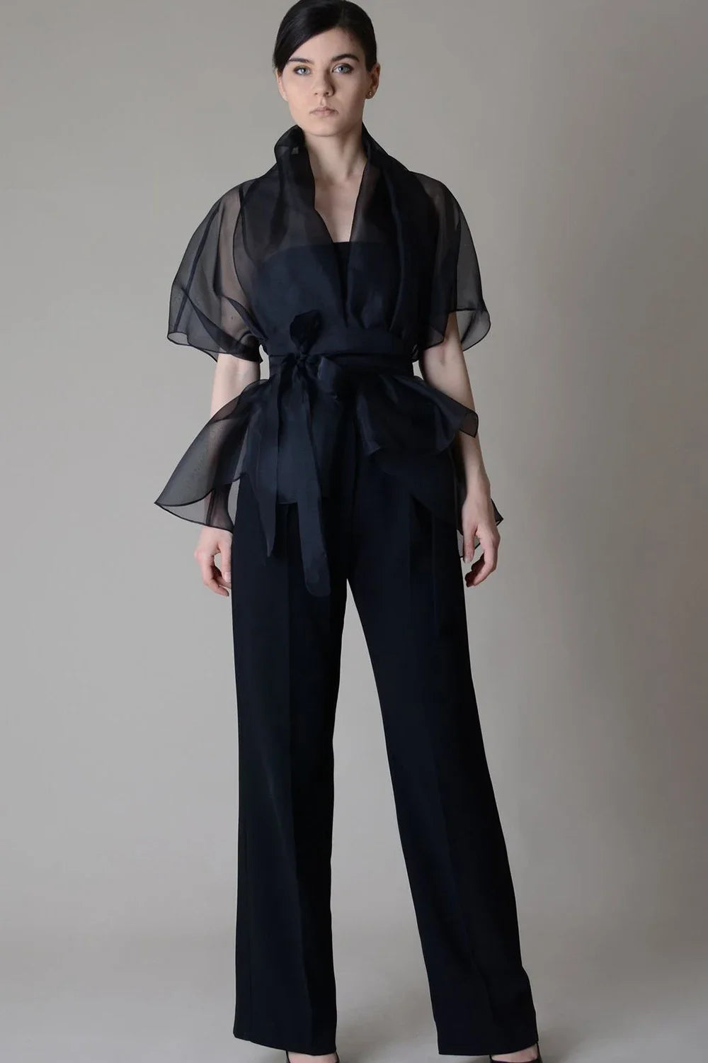 Women's Organza Blouse Lace Up See Through V Neck Stand Collar American Retro Elegant Office Lady Half Sleeve Top Blouses