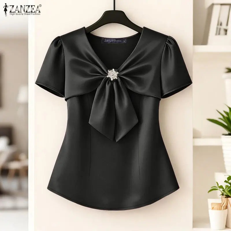 Women's Elegant Satin Blouses V-Neck Short Sleeve Knotted Bow Diamond Details Solid Color