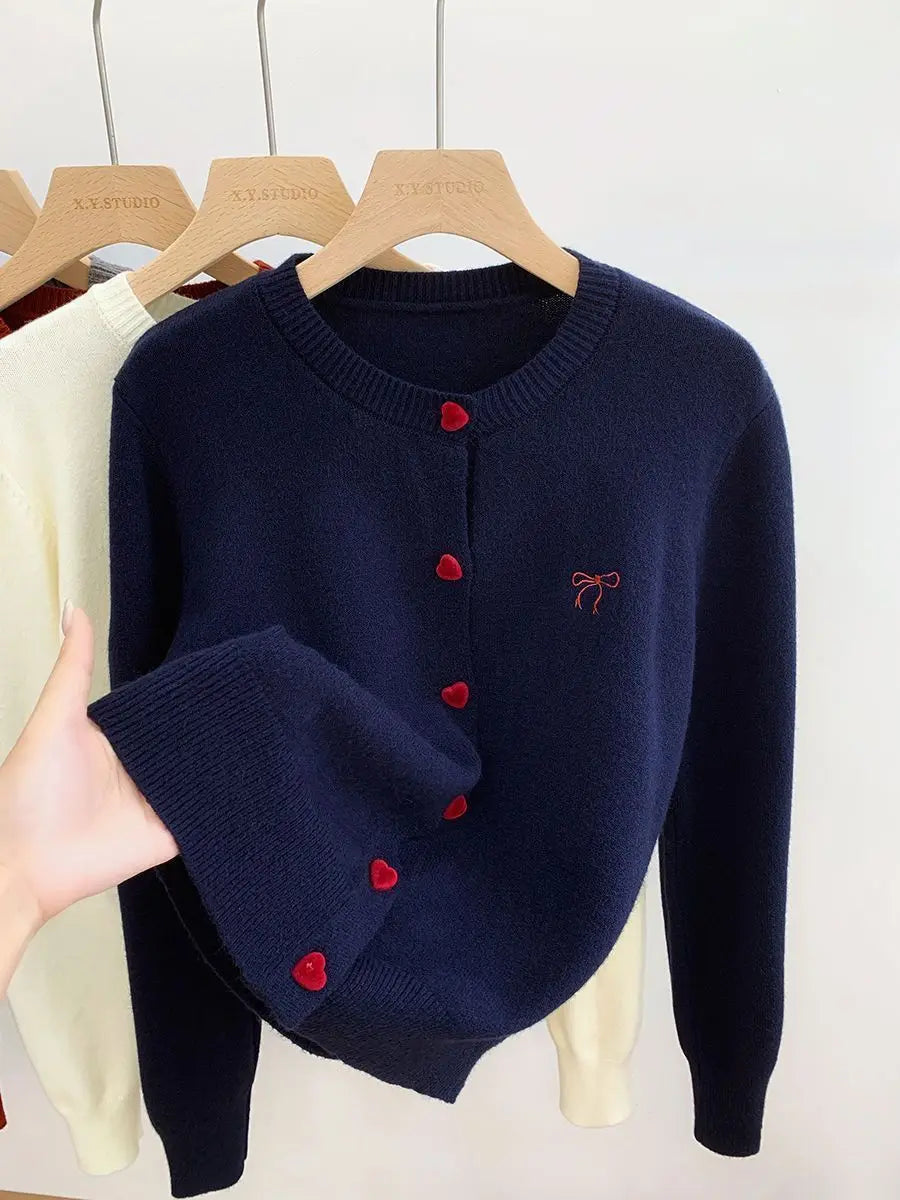 Omen's Clothing Vintage Love Button Knit Cardigan Autumn/Winter Fashion All-match Bowknot Embroidery Sweaters Lady Elegant Tops