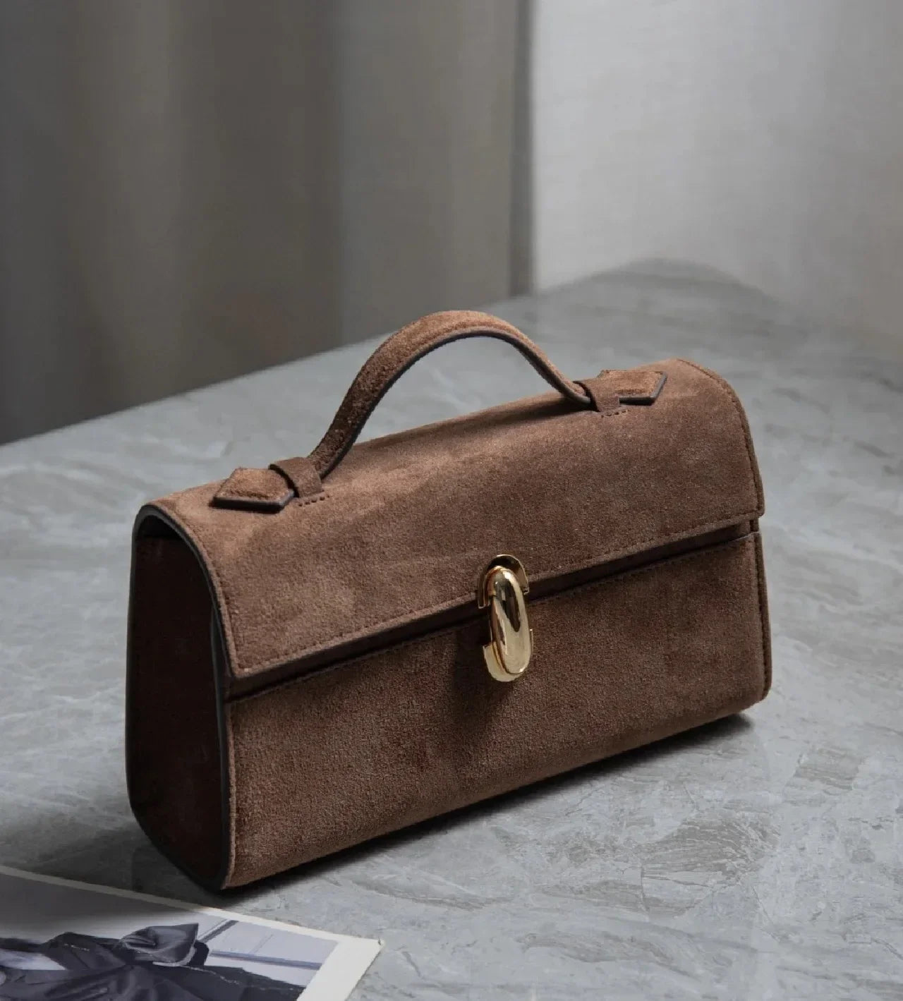 SAVETTE Symmetry Pochette Leather Tote Bag Women Top Handle Bags Genuine Leather Suede Solid Color Simple Handbag Square Bag