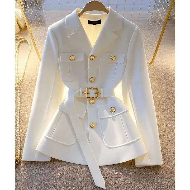 Women Blazer Coat New 2026 Autumn Long Sleeve Single Breasted Belt Pocket Elegant Office Ladies Suit Jacket Lady Outerwear Tops