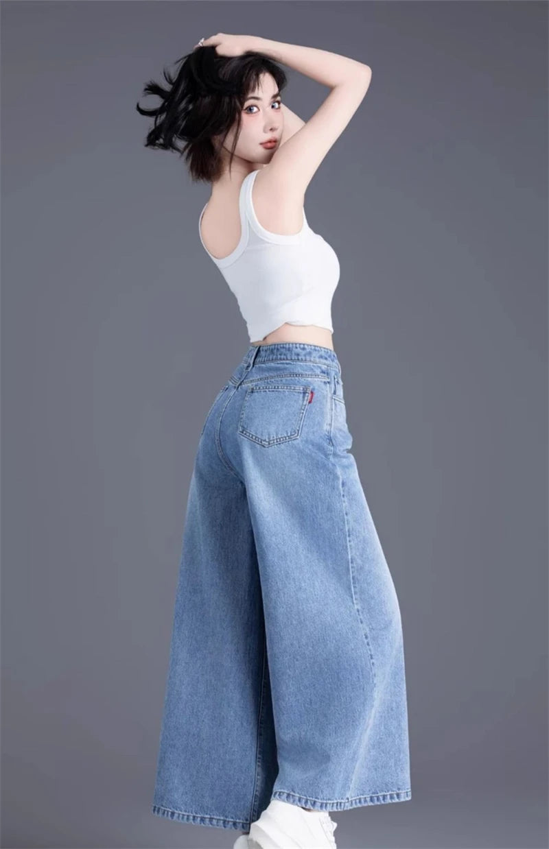 Women's Wide Legs Pants 2026 Spring Fashion High Waisted Ladies Jeans  Design Sense Korean Version Female Cowboy Skirt Trousers
