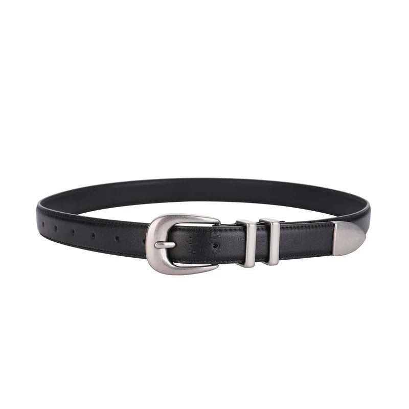 Unisex Vintage Belt Genuine Leather Cowskin Waistband Black with Silver Buckle for Men and Women Fashion Belt for Jeans Pants