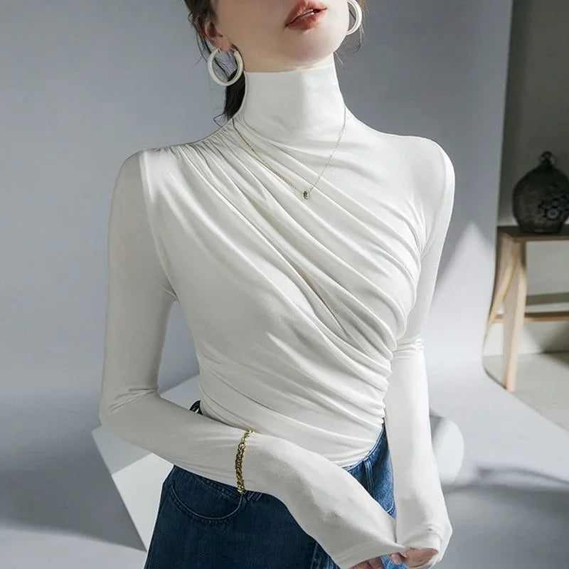 2023 Pleated High Neck for Women Blusas Clothes for Women Tops Shirts Blouses