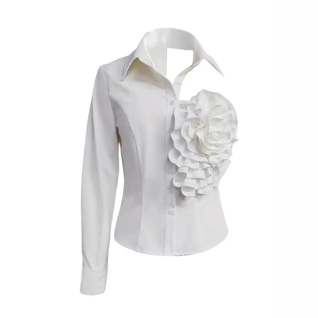 French Chic Women Blouse Fashion 3D Floral Long Sleeve Lapel Collar Spring Fall Age-reducing Female Tops Female Solid Shirts