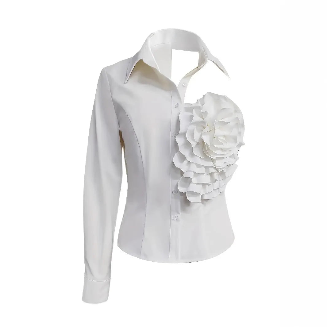 French Chic Women Blouse Fashion 3D Floral Long Sleeve Lapel Collar Spring Fall Age-reducing Female Tops Female Solid Shirts