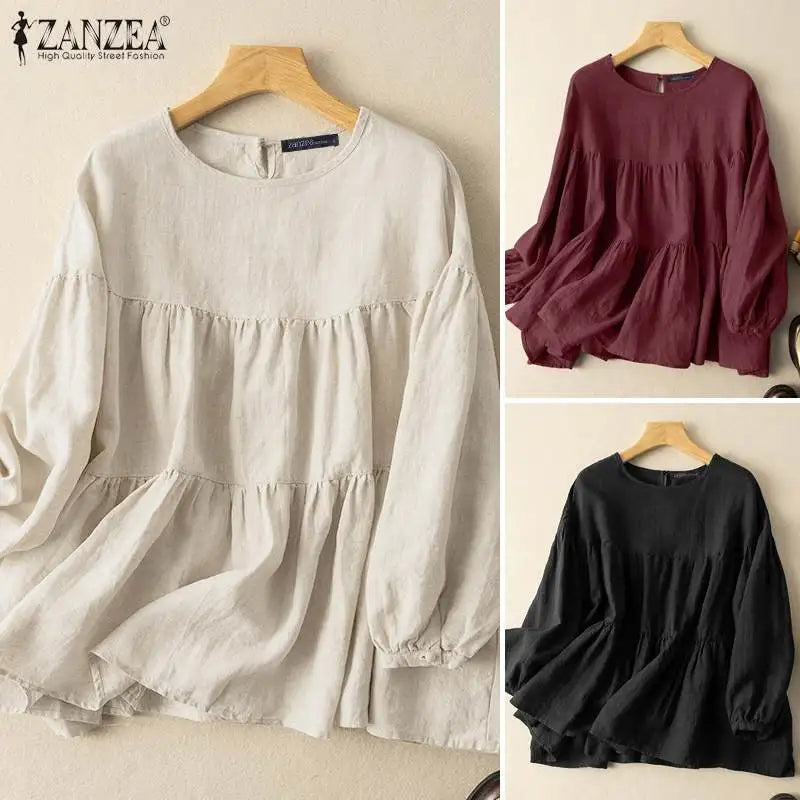 ZANZEA Autumn Vintage Cotton Blouse Woman Long Sleeve O-Neck Shirt Female Casual Solid Blusas Fashion Button Cuffs Chemise 2023