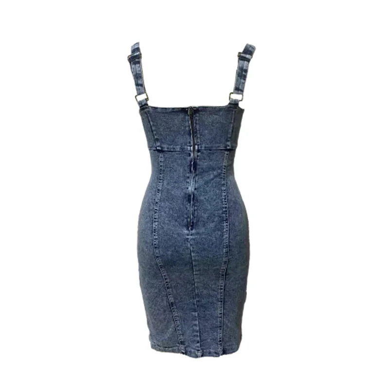 Vintage Slim Fit Denim Wrap Hip Dresses Women Casual Backless Suspenders Dress Female Front Back Zipper Split Hem Midi Gown 2024