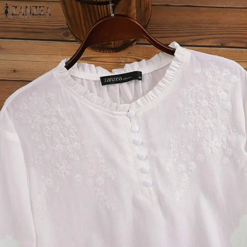 Summer Vintage Shirts Elegant OL Work Blouse Women 3/4 O Neck Sleeve Tops Embroidery Blusas Femme Causal Cotton Chemsie