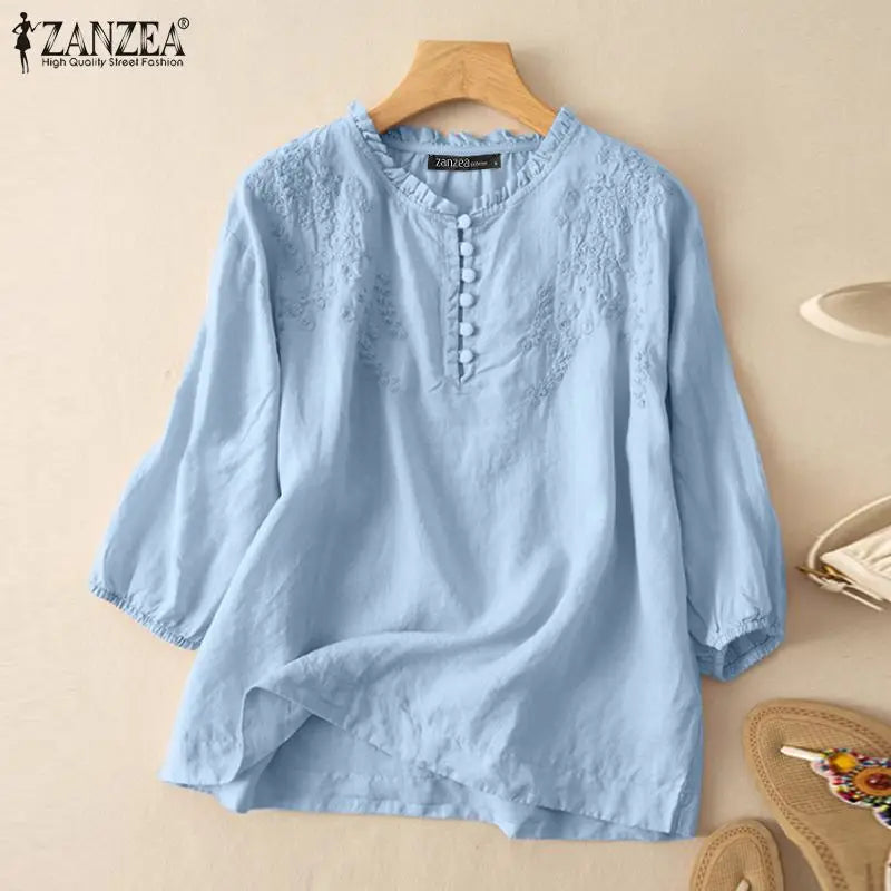 Summer Vintage Shirts Elegant OL Work Blouse Women 3/4 O Neck Sleeve Tops Embroidery Blusas Femme Causal Cotton Chemsie